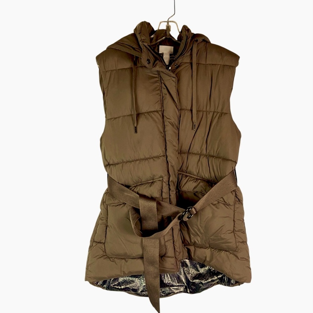 Zella Longline Hooded Zip Up Belted Puffer Vest Olive Green Women’s Sz XXS - Picture 9 of 14